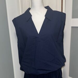 LOFT Sleeveless Navy V-Neck Collared Blouse